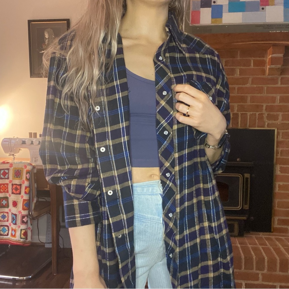 Y2K Wrangler Pearl Snap Oversized Menswear Western Boyfriend Flannel Uni… - Picture 3 of 12